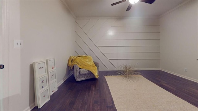 unfurnished room featuring ceiling fan, crown molding, and dark wood-type flooring