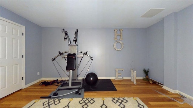 workout room with hardwood / wood-style flooring