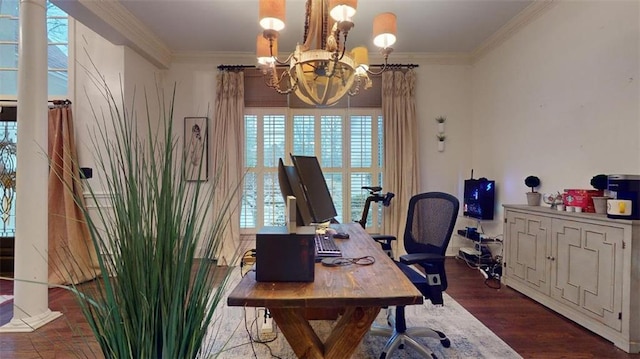 office space with dark hardwood / wood-style flooring, a chandelier, and ornamental molding