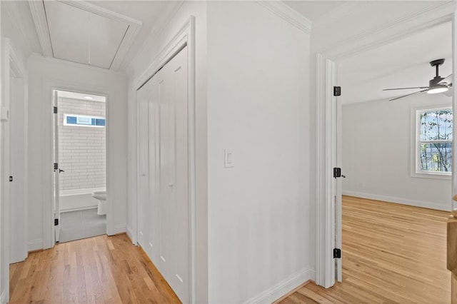 hallway featuring attic access, crown molding, light wood-style flooring, and baseboards