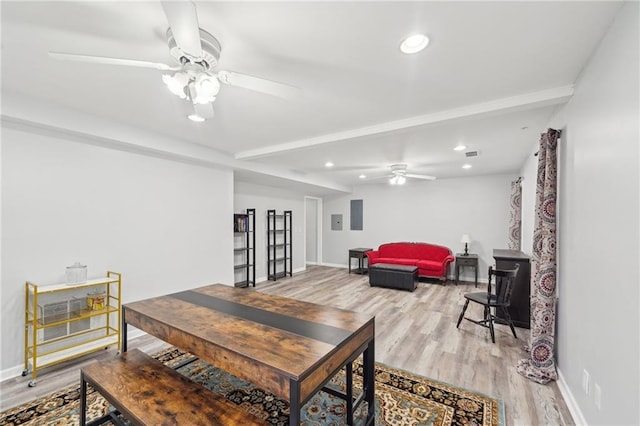 dining area with beamed ceiling, recessed lighting, wood finished floors, and baseboards