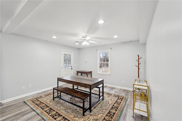 dining room with recessed lighting, baseboards, ceiling fan, and light wood finished floors