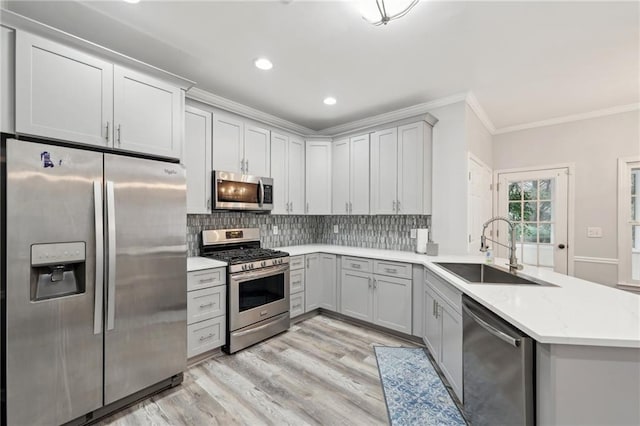 kitchen featuring crown molding, stainless steel appliances, decorative backsplash, a sink, and light wood-type flooring