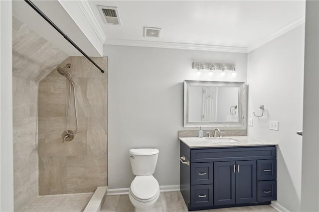 full bath featuring ornamental molding, a stall shower, visible vents, and vanity