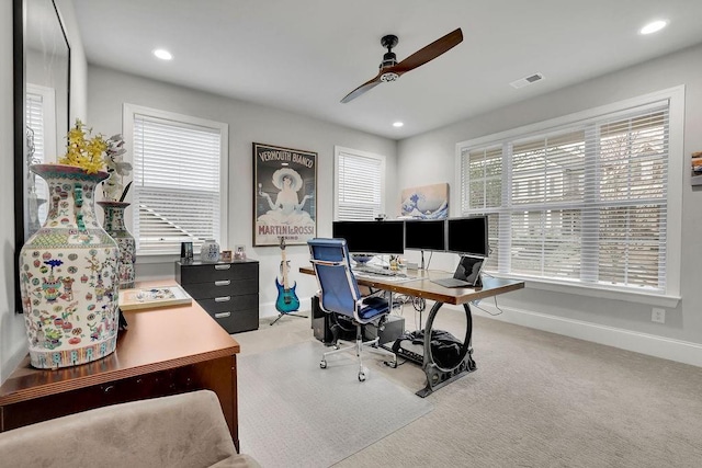 office area with recessed lighting, visible vents, carpet floors, and baseboards