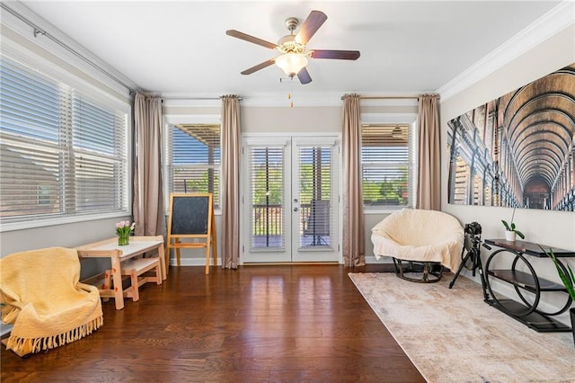 5115 Edgebrook Dr, Cumming, GA 30040 - living area featuring crown molding, plenty of natural light, wood finished floors, french doors, and a ceiling fan