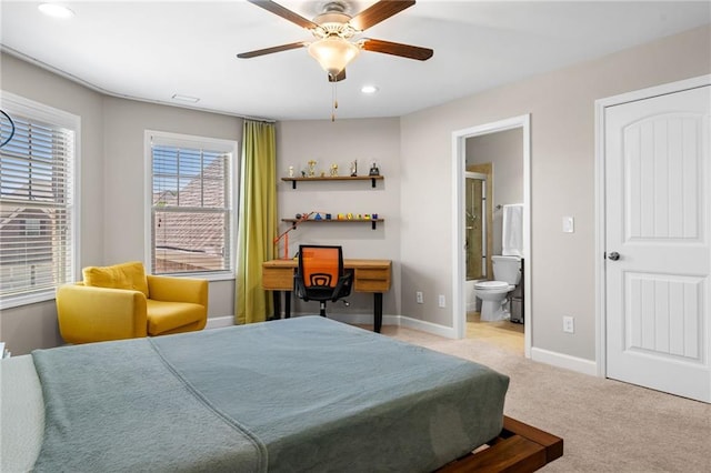 5115 Edgebrook Dr, Cumming, GA 30040 - carpeted bedroom with recessed lighting, connected bathroom, and ceiling fan