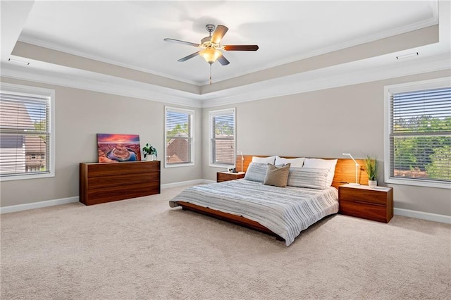 5115 Edgebrook Dr, Cumming, GA 30040 - bedroom with a raised ceiling, ornamental molding, multiple windows, carpet floors, and a ceiling fan