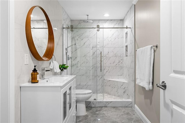 5115 Edgebrook Dr, Cumming, GA 30040 - full bathroom featuring a marble finish shower, vanity, marble finish floors, and recessed lighting