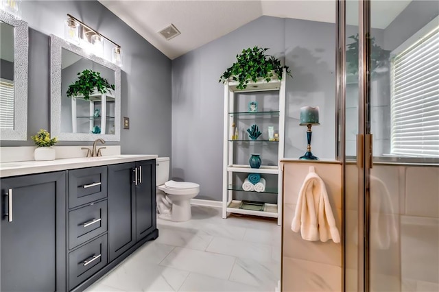 full bath featuring toilet, visible vents, vaulted ceiling, and vanity