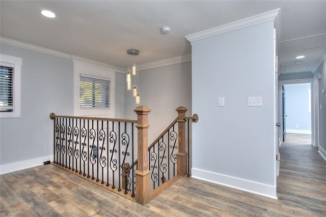 stairs featuring hardwood / wood-style floors and crown molding