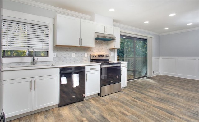 kitchen featuring crown molding, white cabinets, stainless steel range with electric stovetop, and black dishwasher