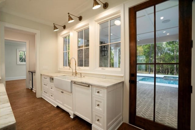 bar with a sink, dark wood-type flooring, healthy amount of natural light, and baseboards