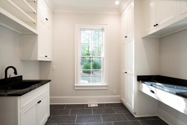 mudroom with a sink, baseboards, dark tile patterned floors, and ornamental molding