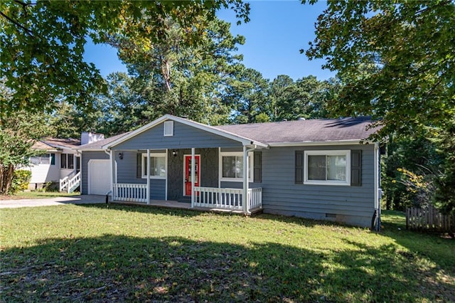view of front of property with covered porch, a garage, a front lawn, crawl space, and driveway