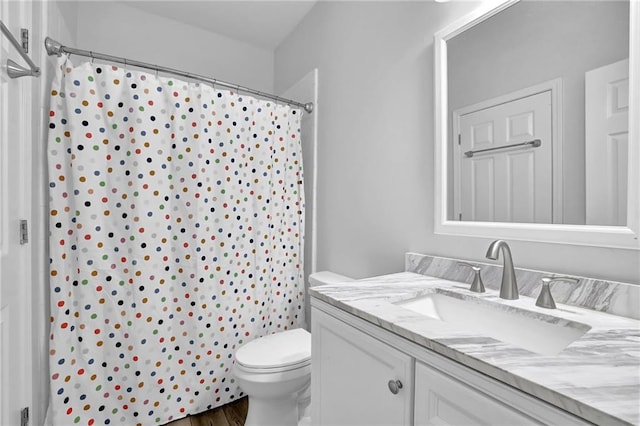 2330 Wood Creek Ct, Dacula, GA 30019 - bathroom with vanity, a shower with shower curtain, and wood finished floors