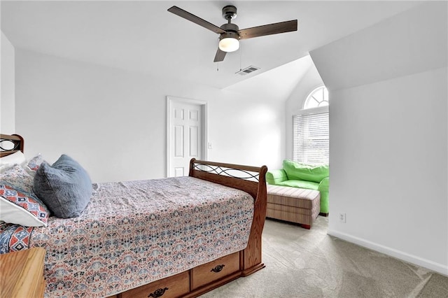 2330 Wood Creek Ct, Dacula, GA 30019 - bedroom with light carpet, vaulted ceiling, and ceiling fan