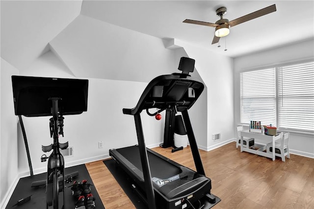 2330 Wood Creek Ct, Dacula, GA 30019 - workout area featuring a ceiling fan, light wood-type flooring, and lofted ceiling