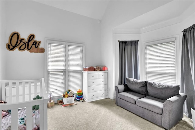 2330 Wood Creek Ct, Dacula, GA 30019 - bedroom with carpet floors, a crib, and vaulted ceiling