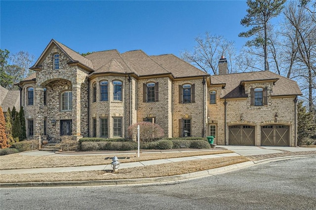 french country home featuring a garage, brick siding, concrete driveway, roof with shingles, and a chimney