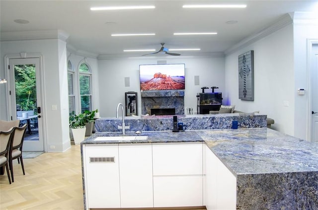 kitchen with stone counters, crown molding, a premium fireplace, and a sink