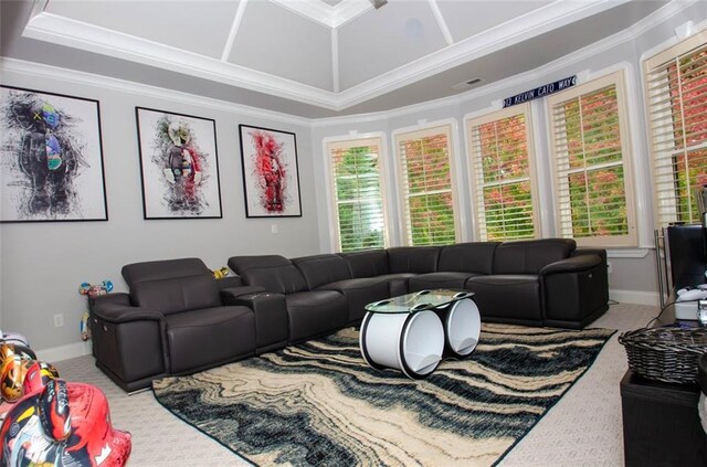 interior space with carpet flooring, plenty of natural light, a raised ceiling, and crown molding