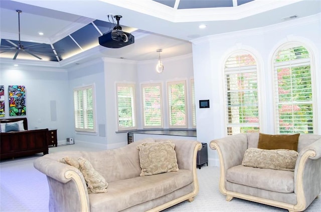 carpeted living area with visible vents, ornamental molding, baseboards, and recessed lighting