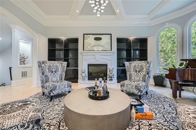 sitting room with crown molding, a glass covered fireplace, visible vents, and beamed ceiling