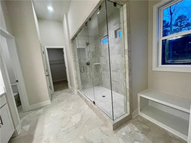 bathroom with vanity, toilet, and a shower with shower door