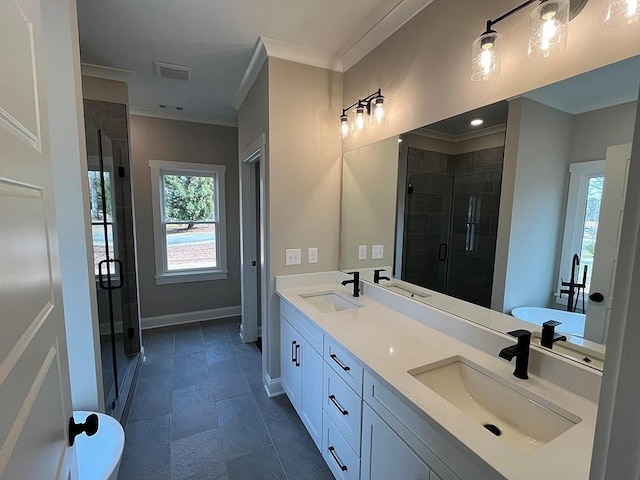 bathroom with crown molding, vanity, and plus walk in shower