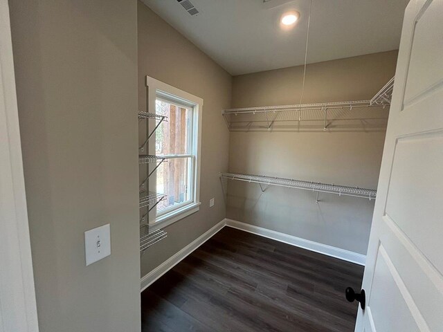 walk in closet with dark wood-type flooring