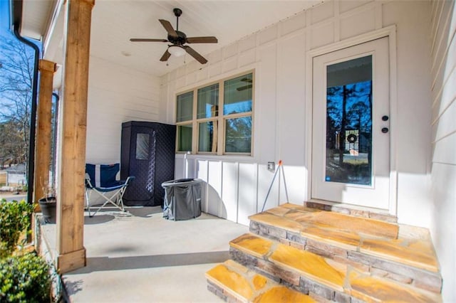 view of patio / terrace featuring ceiling fan and a porch