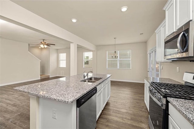 kitchen featuring a kitchen island with sink, sink, white cabinets, and appliances with stainless steel finishes