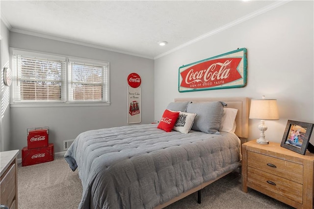 carpeted bedroom with ornamental molding