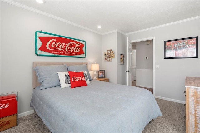 bedroom featuring light carpet and ornamental molding