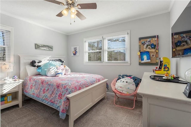 bedroom with ceiling fan, light colored carpet, and crown molding