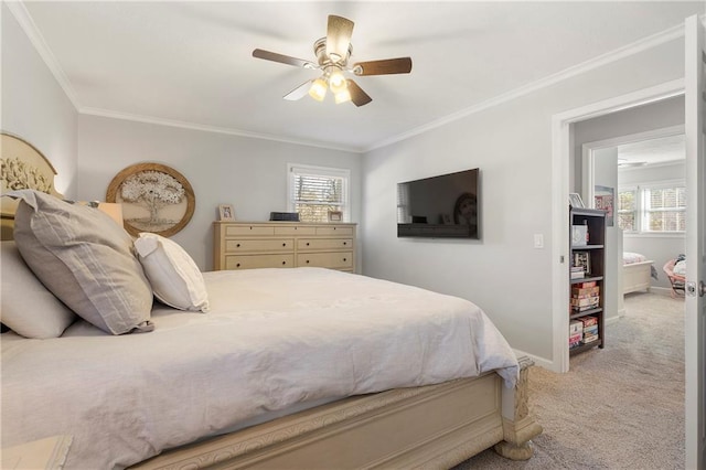 carpeted bedroom with ceiling fan, multiple windows, and ornamental molding