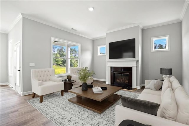 living area featuring ornamental molding, a glass covered fireplace, baseboards, and wood finished floors