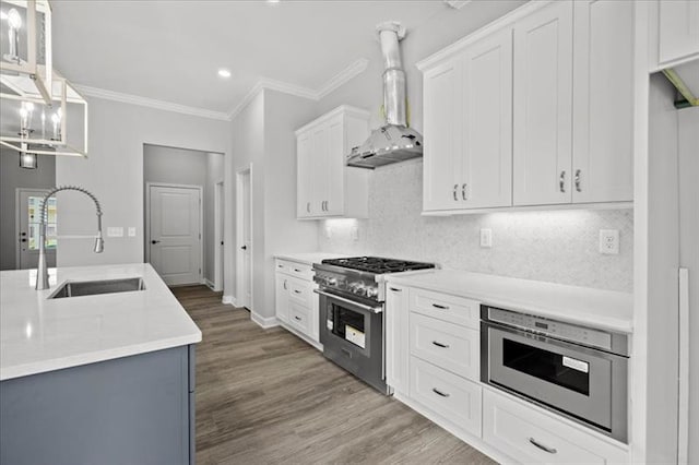 kitchen with high end stainless steel range, tasteful backsplash, ornamental molding, a sink, and wall chimney exhaust hood