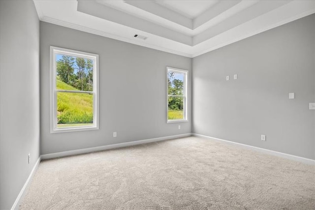 carpeted empty room featuring baseboards, visible vents, and a tray ceiling