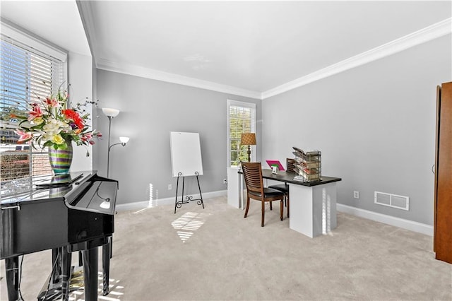 carpeted home office with crown molding and a healthy amount of sunlight