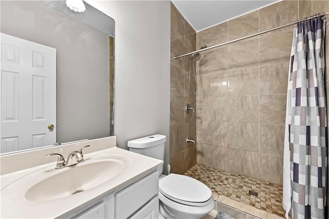 bathroom featuring a shower with shower curtain, vanity, and toilet