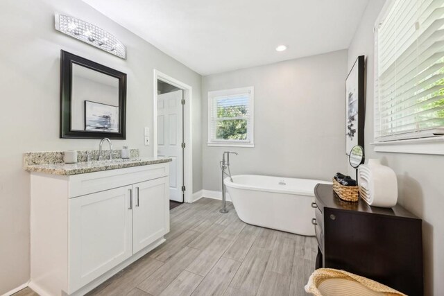 bathroom with vanity, a tub to relax in, and hardwood / wood-style flooring