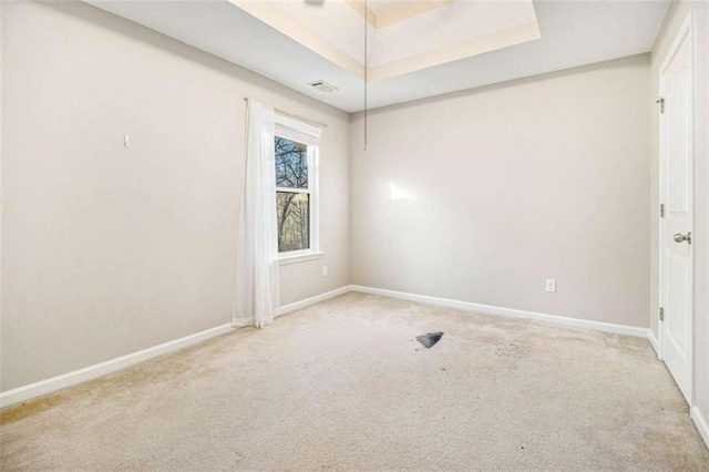 empty room with light carpet and a tray ceiling