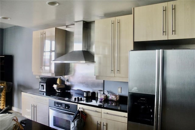 250 Park Ave W Unit 802, Atlanta, GA 30313 - kitchen with stainless steel appliances, wall chimney exhaust hood, dark countertops, baseboards, and modern cabinets