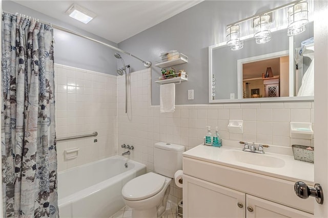 7234 Post Rd, Winston, GA 30187 - full bathroom with shower / bath combo with shower curtain, vanity, tile walls, and a wainscoted wall