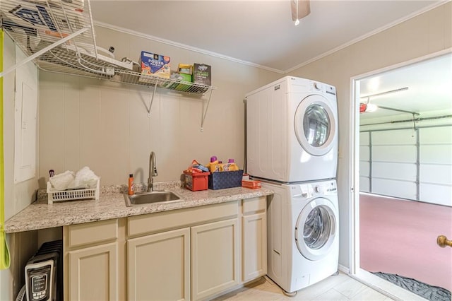 7234 Post Rd, Winston, GA 30187 - laundry room with estacked washer and dryer, ornamental molding, and cabinet space