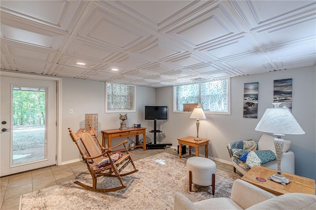 7234 Post Rd, Winston, GA 30187 - living area with light tile patterned floors, an ornate ceiling, and recessed lighting