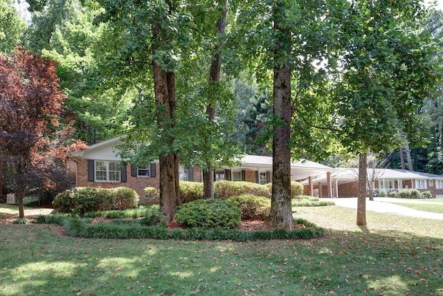 view of front of property featuring a carport and a front lawn