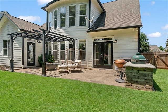 217 Springs Xing, Canton, GA 30114 - rear view of house featuring a pergola, a patio area, roof with shingles, and french doors
